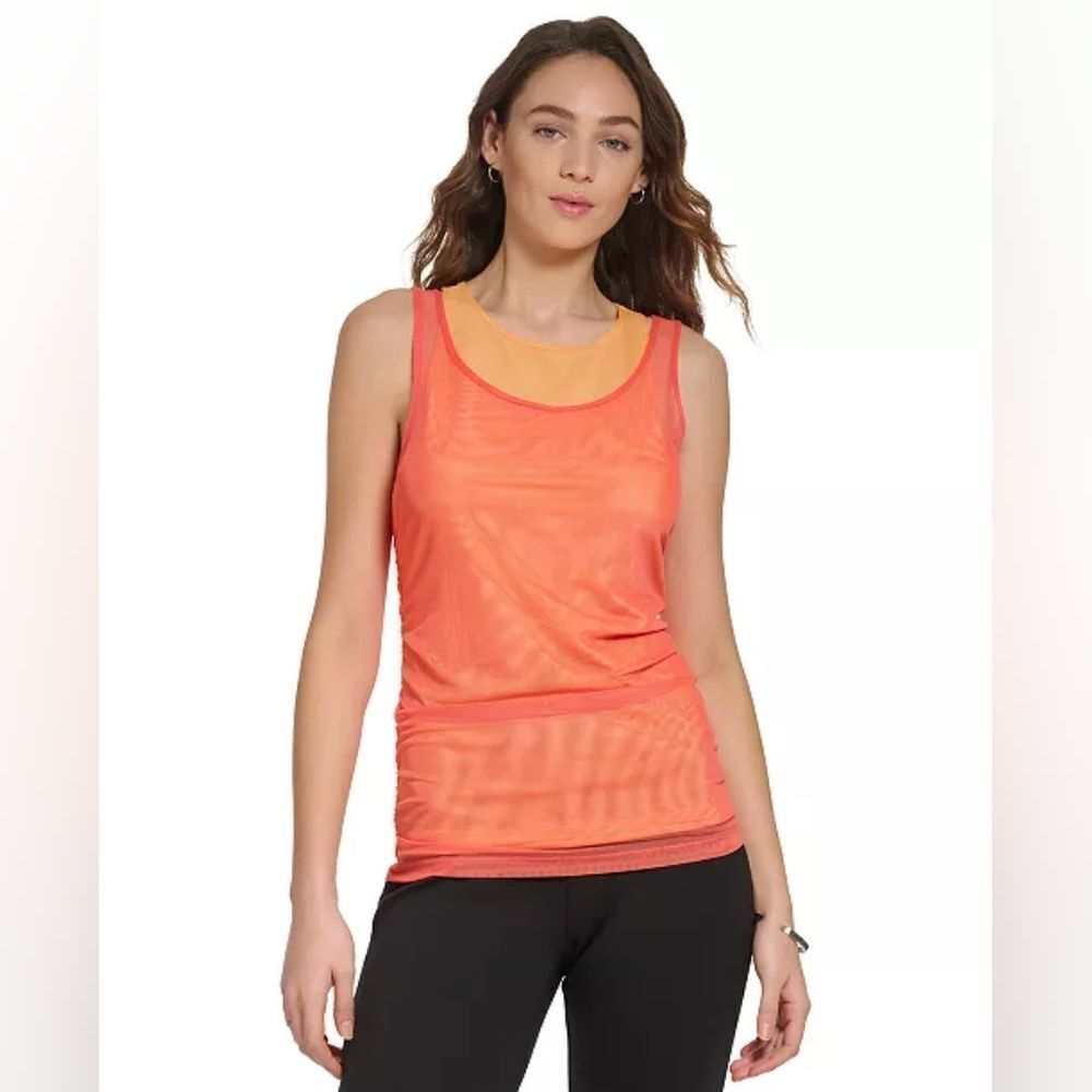 DKNY Orange Mesh Detail Crewneck Sleeveless Tank Top Large